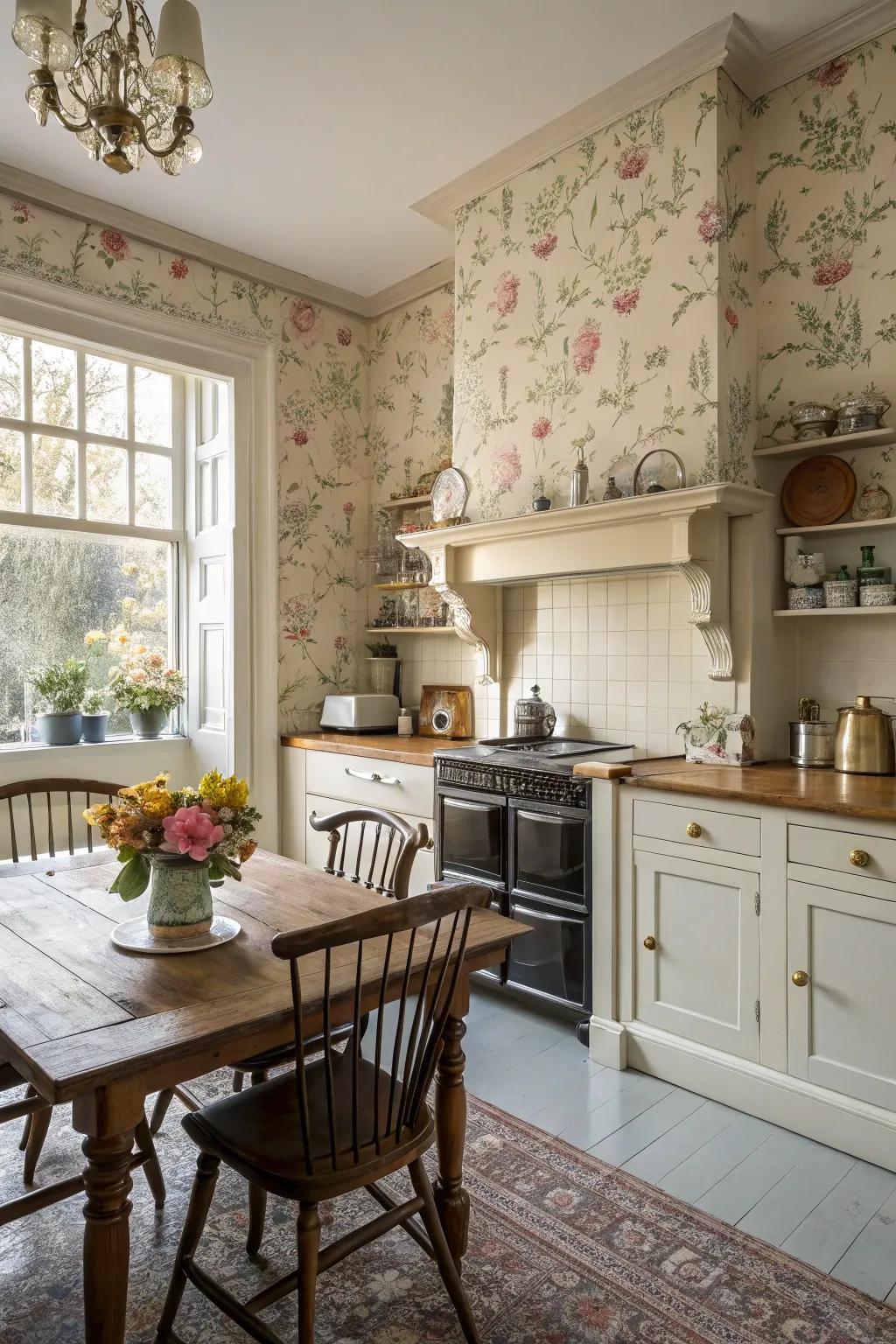 Wallpaper adds depth and a personal touch to Victorian kitchens.