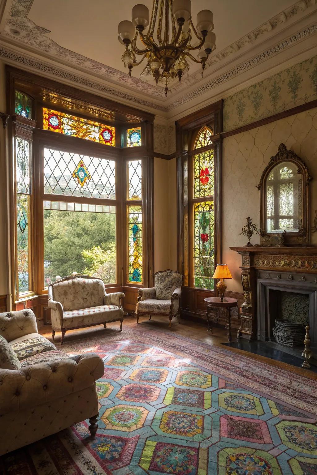 Stained glass windows cast beautiful patterns, enhancing the room's beauty.