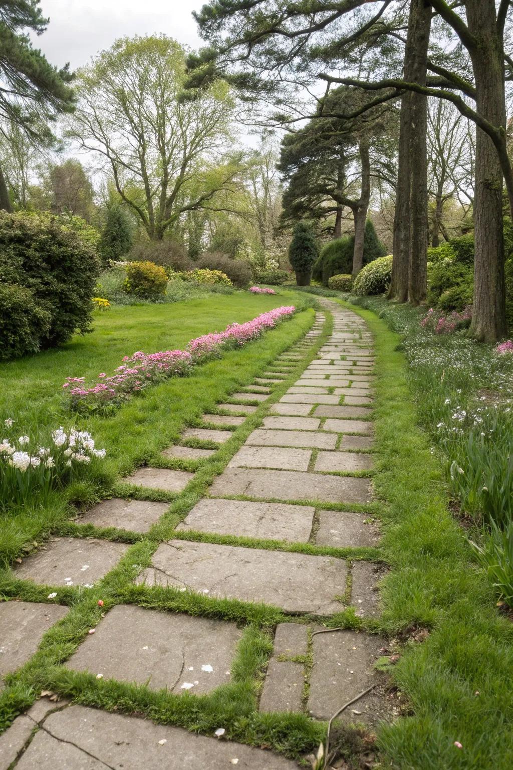 Grass tiles append a verdant hint, merging walkway with lawn.