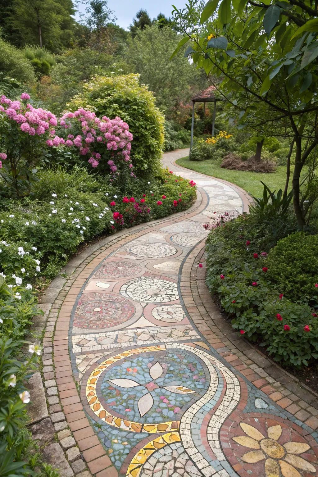 An eye-catching mosaic walkway that serves as a stunning piece of garden art.