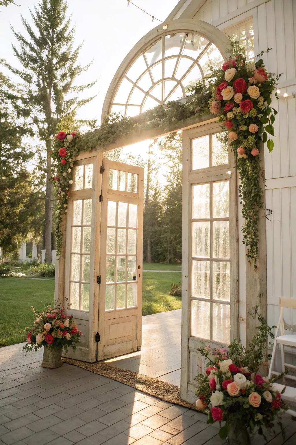 A vintage-inspired arch employing vintage panes for a nostalgic touch.