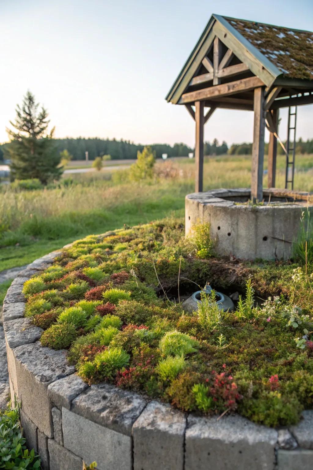 A living roof transforms this well cover into an eco-friendly feature.