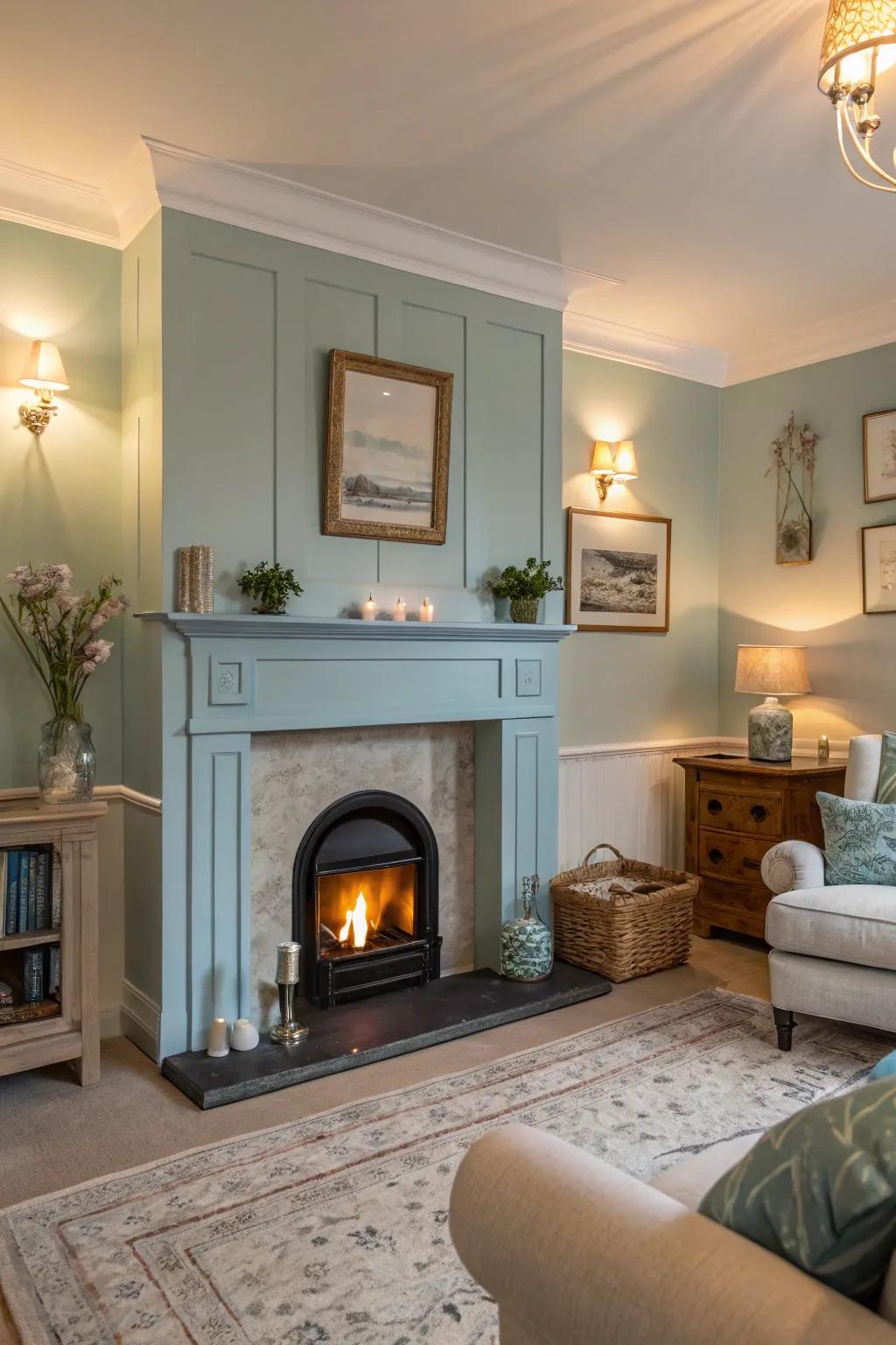A light blue fireplace brings a sense of calm to this peaceful living room.