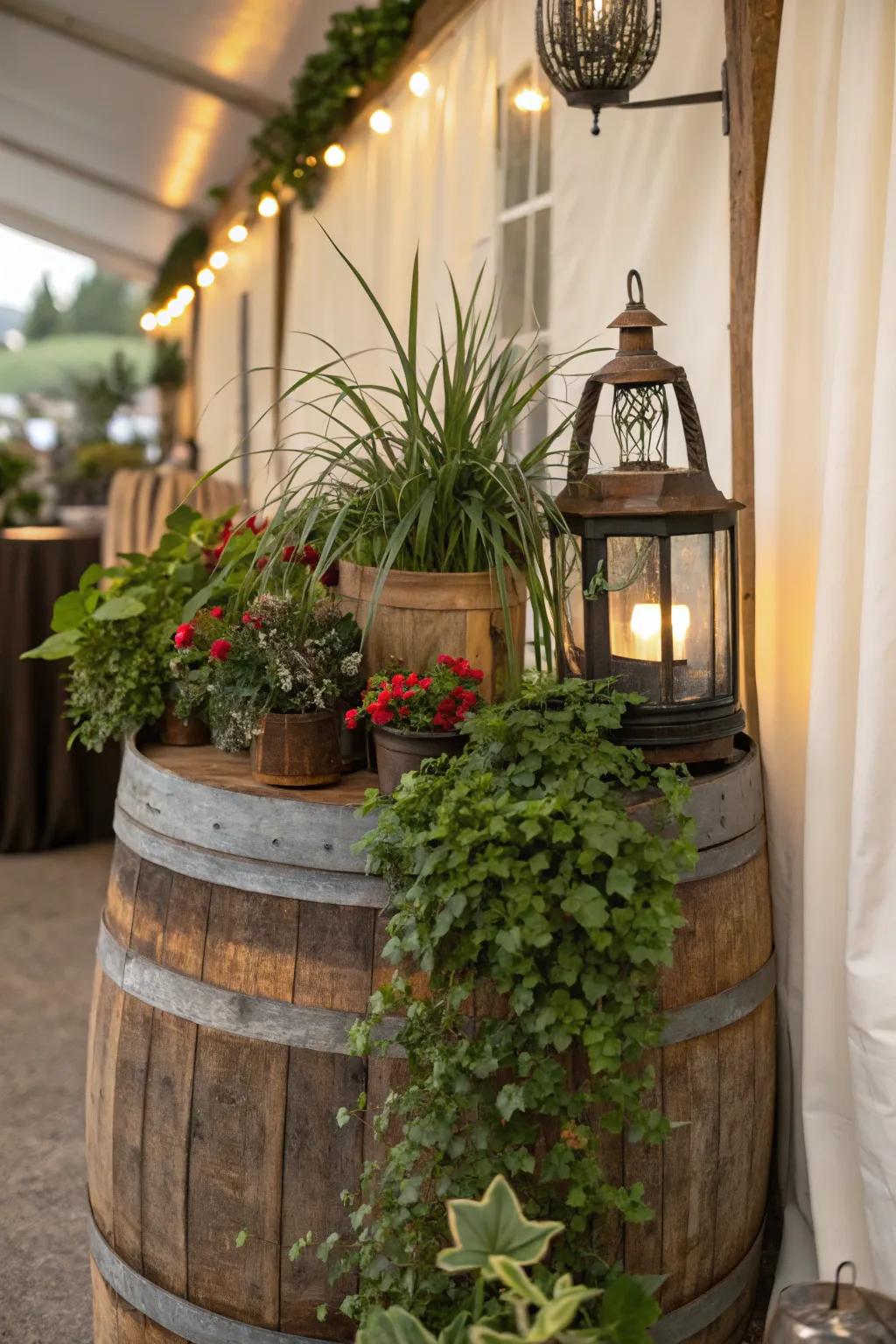 A vintage garden scene featuring cask and period lighting.