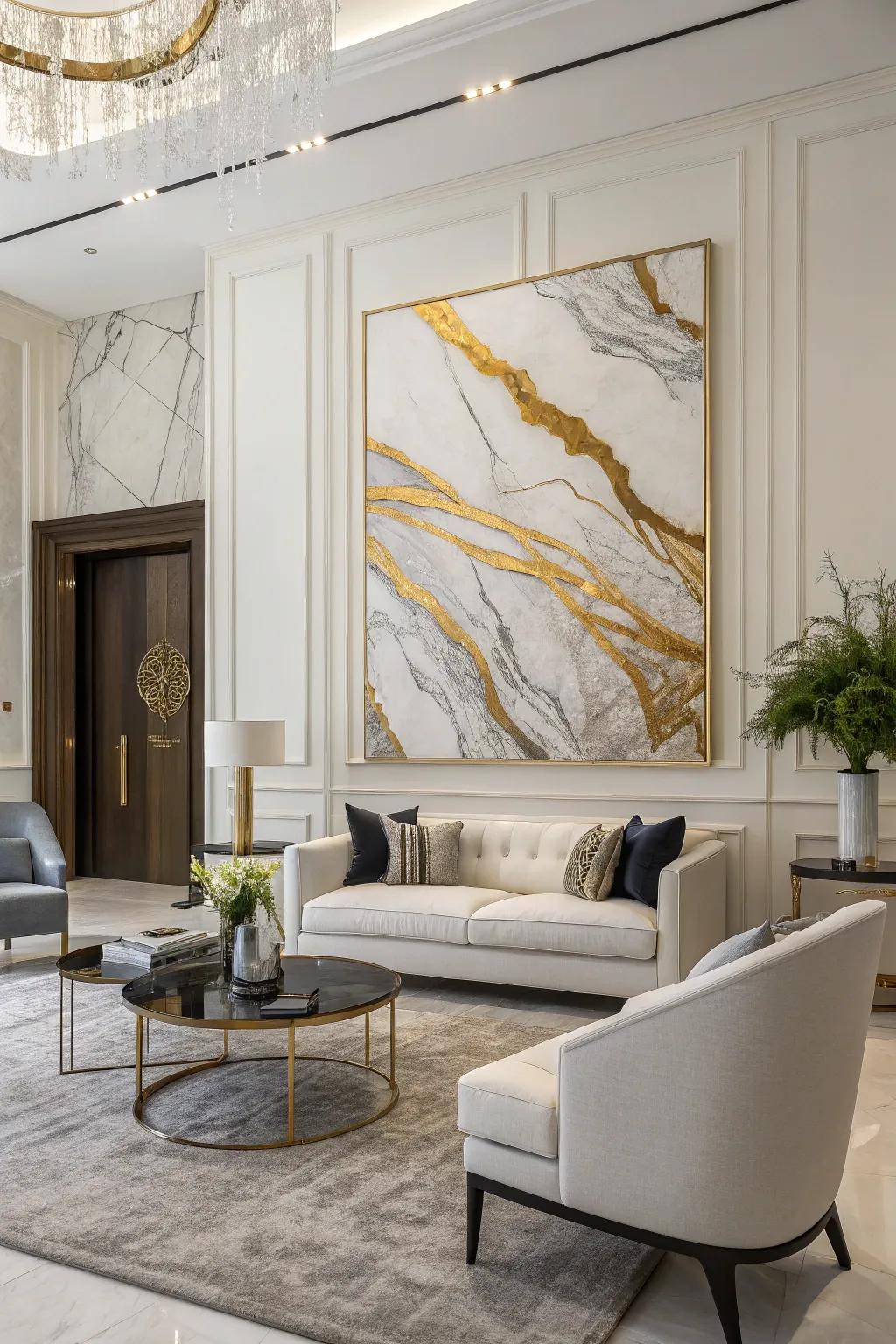 Abstract art in white and gold adds a contemporary touch.
