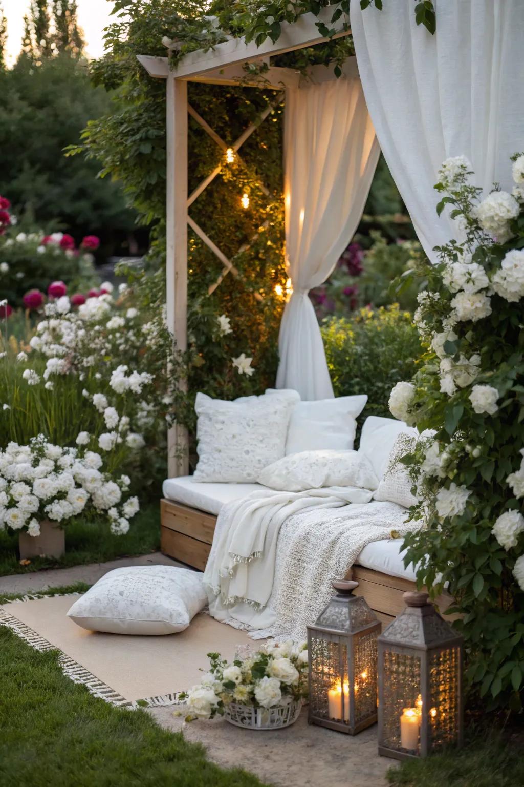 A peaceful garden nook with white decor encourages relaxation.