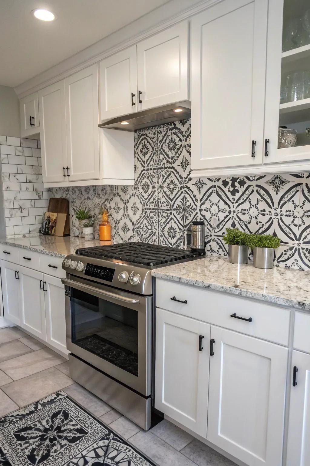 A bold statement with ebony and ivory patterns contrasting frosty quartz.