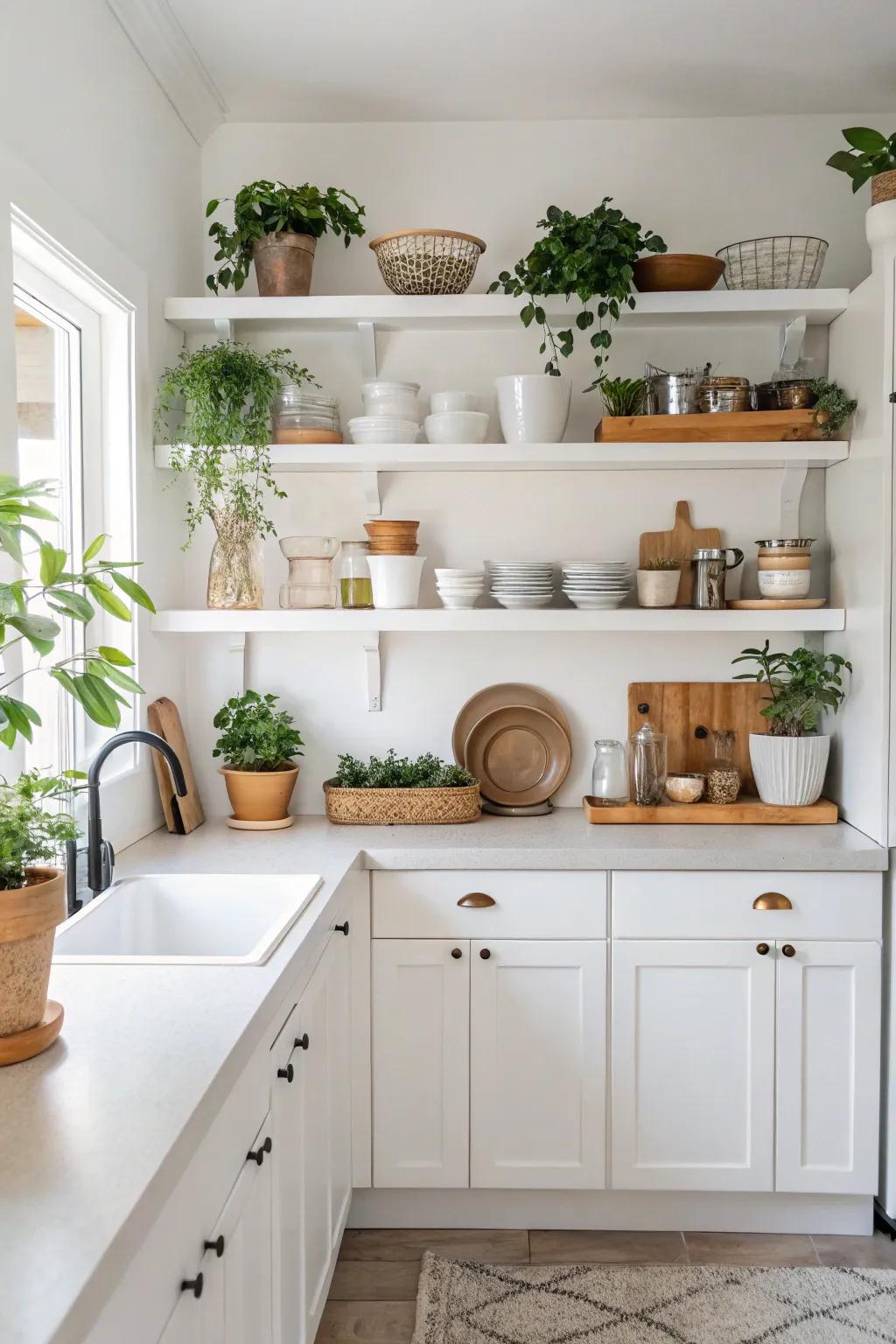 Visible storage adds a personal touch, showcasing kitchenware in the white kitchen.