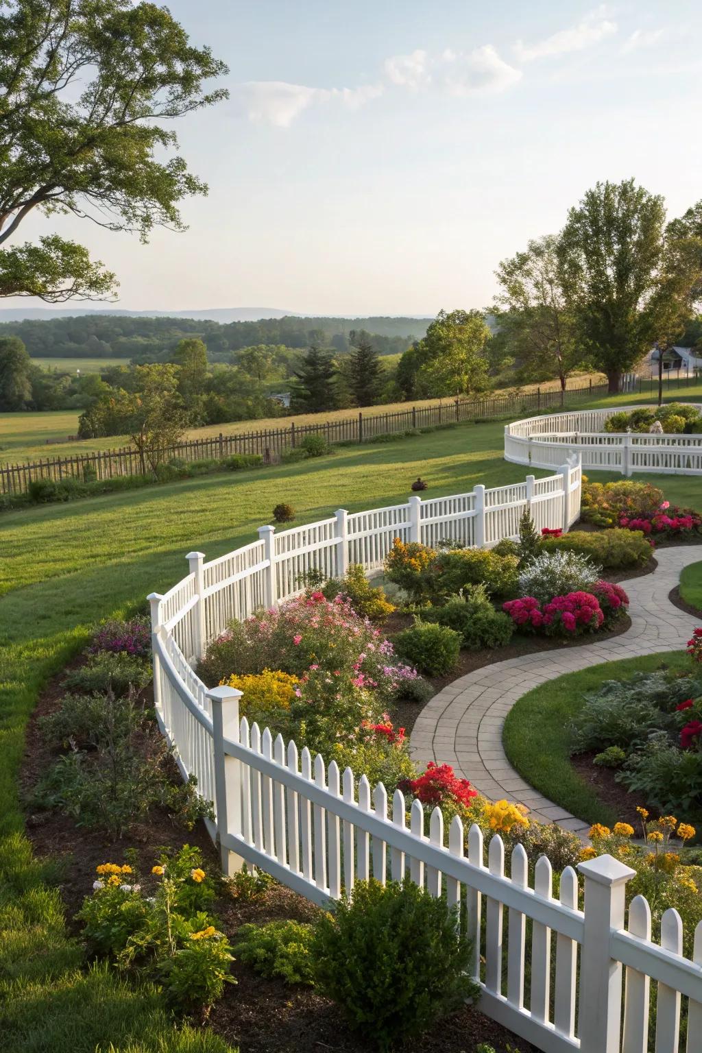 A curved white boundary contributes a graceful touch to garden design.