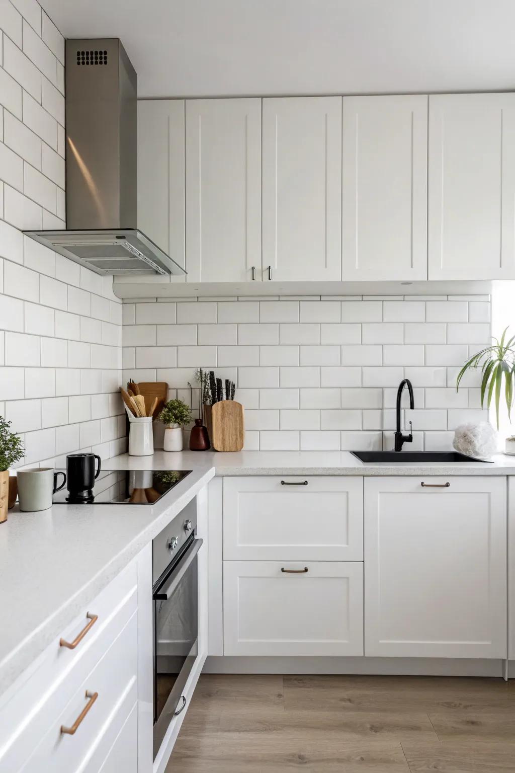 Minimalist kitchen exhibiting an unadorned pale mineral backsplash.