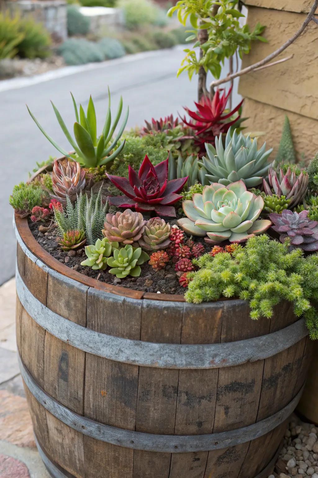 A vibrant succulent garden in a wine barrel.