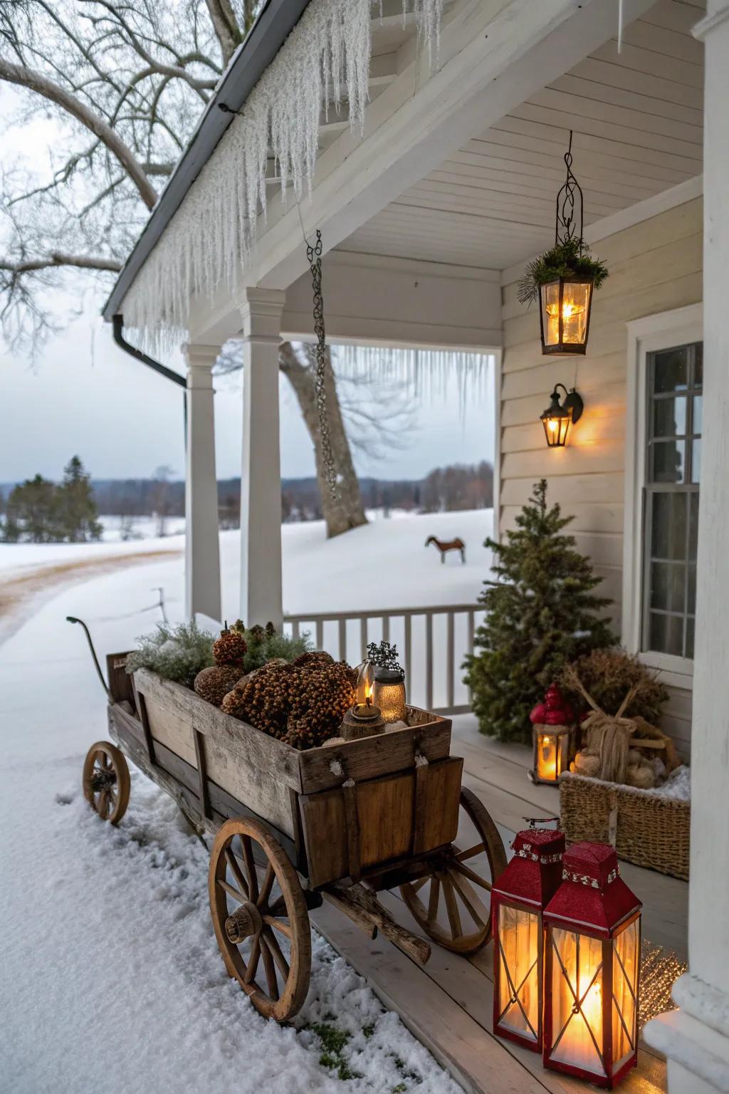 A time-worn wagon imparts charm and character to this winter porch.