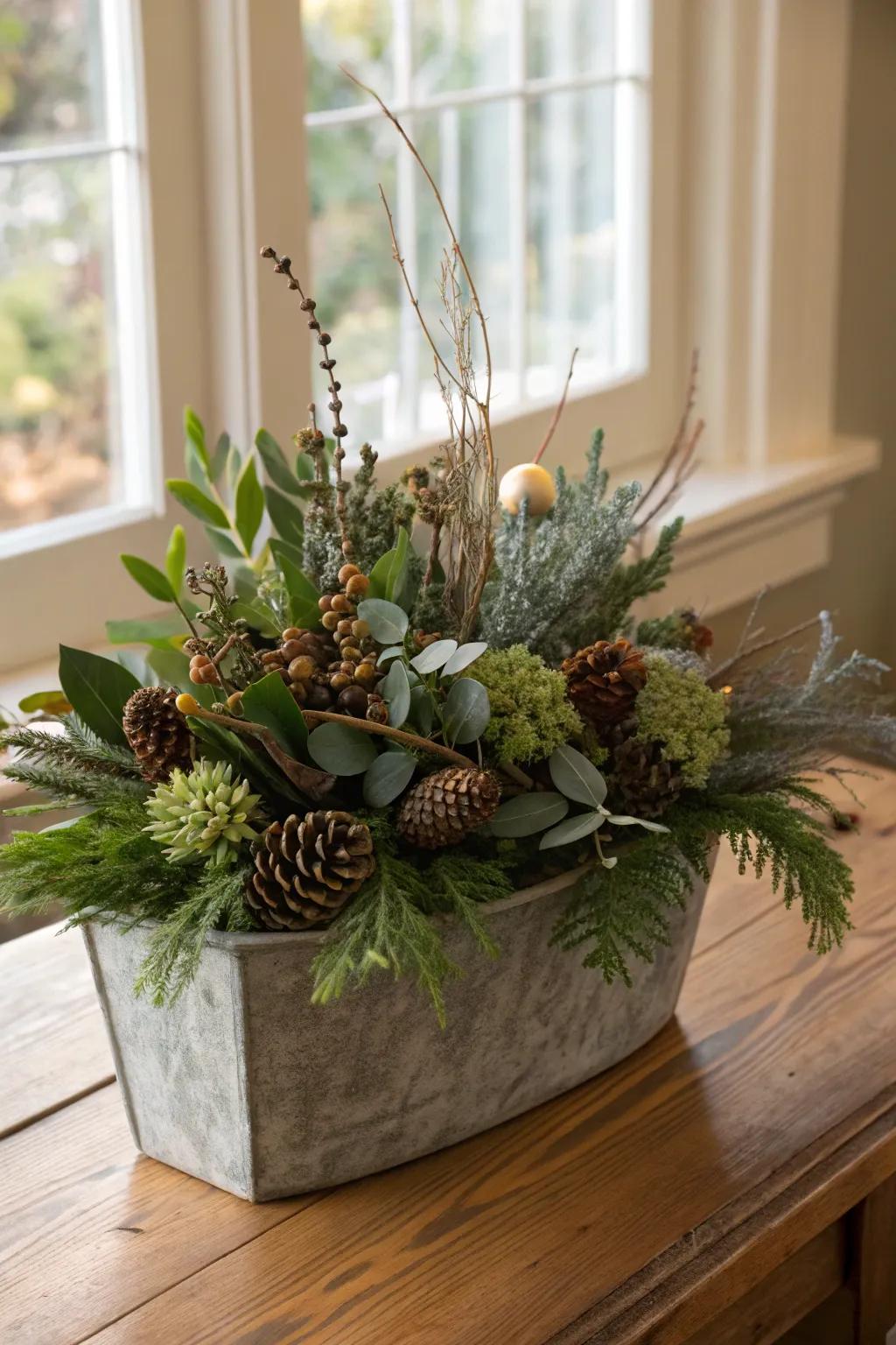 Dried components lend texture and a vintage essence to winter planters.