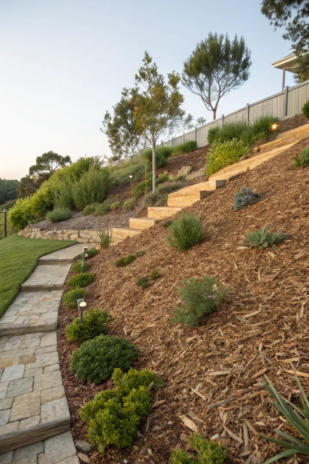 Wood chips help control erosion on garden slopes.