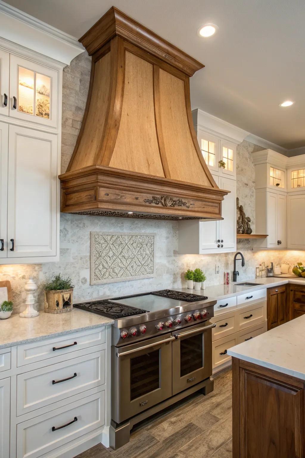 Accent wood trim adds depth and contrast to your range hood.