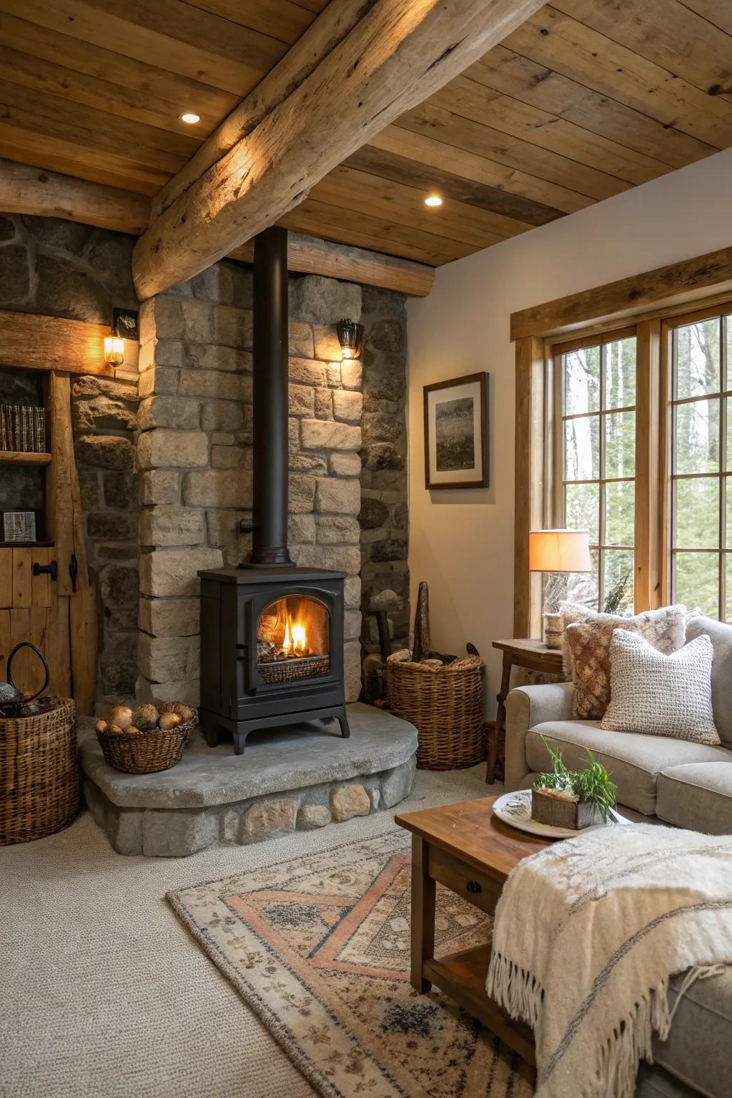 A rustic wood stove setup with natural stone and wood elements creates a cozy retreat.