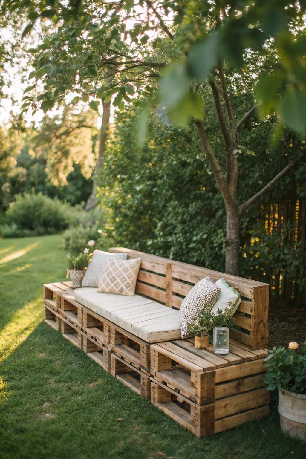 Discover serenity in your garden with this charming crate bench, where simplicity meets nature's elegance.