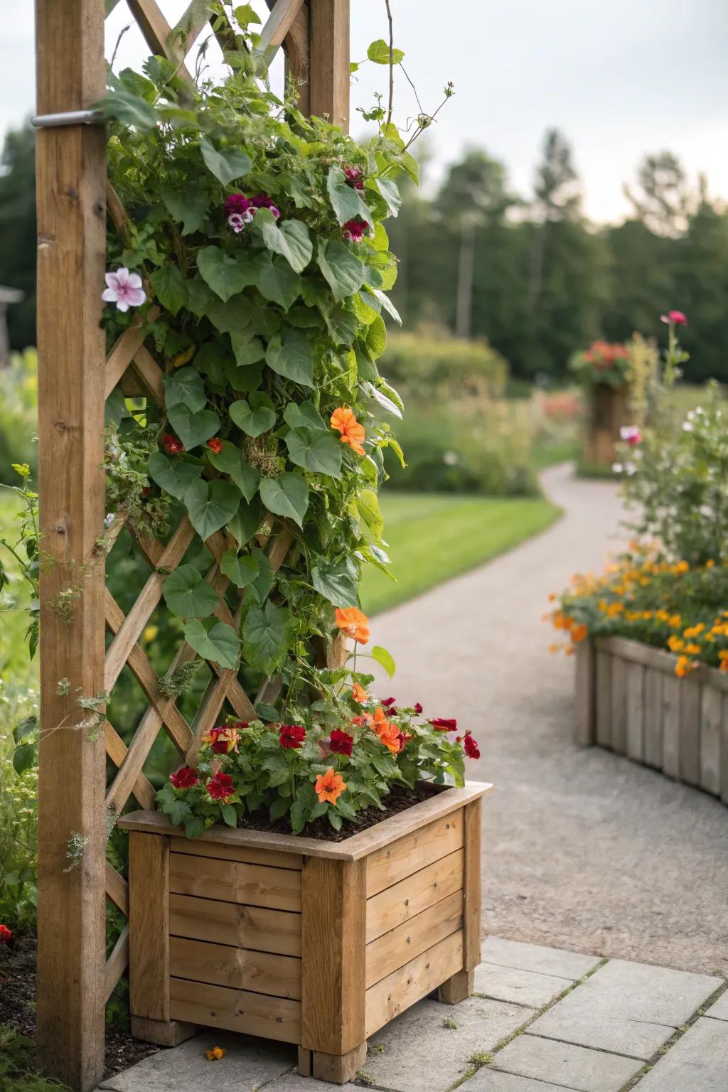 Enhance vertical space with a trellis planter box for climbing plants.
