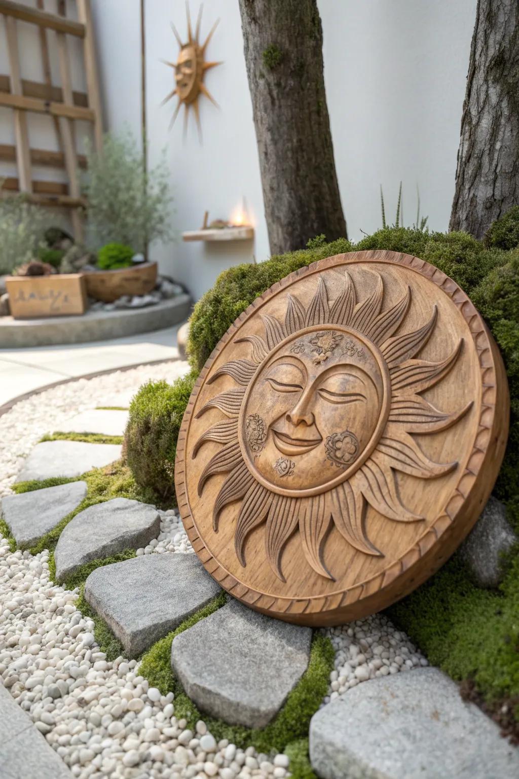 Bring sunshine to your garden with this exquisite carved sun face, a perfect blend of minimalist design and natural beauty.