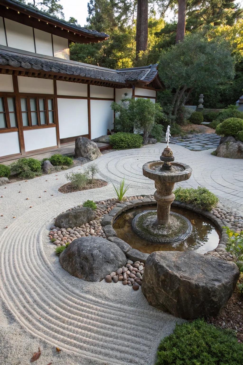 A Zen garden fountain bringing tranquility and peace to the space.