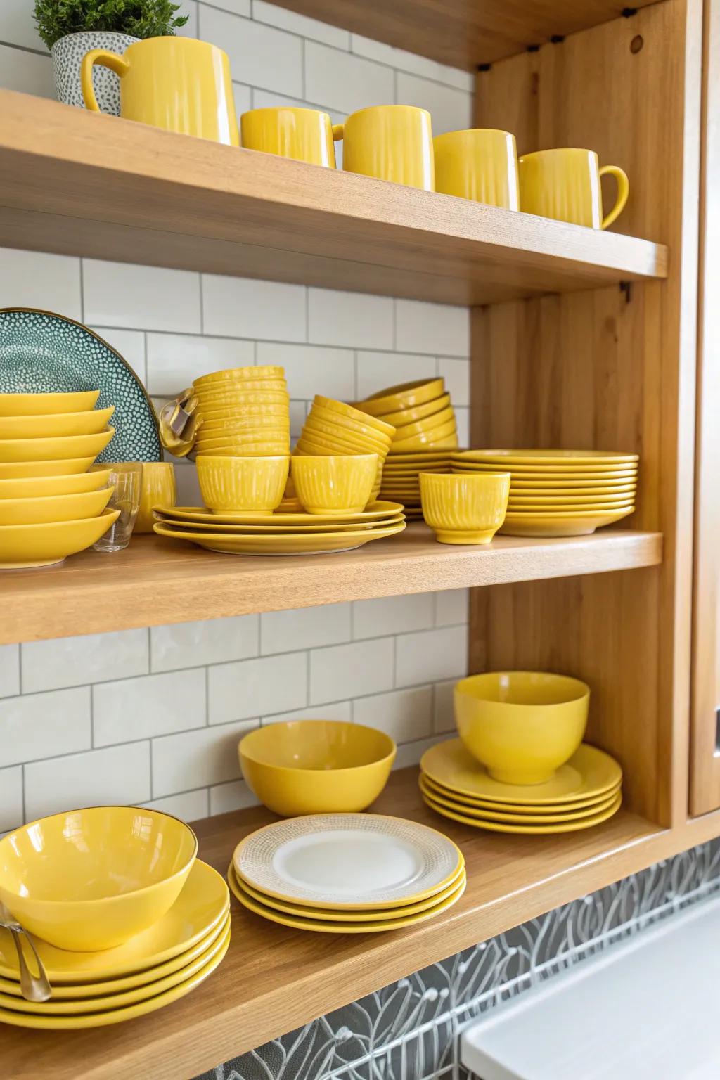 Yellow tableware when displayed introduces color and charm to the cooking area.