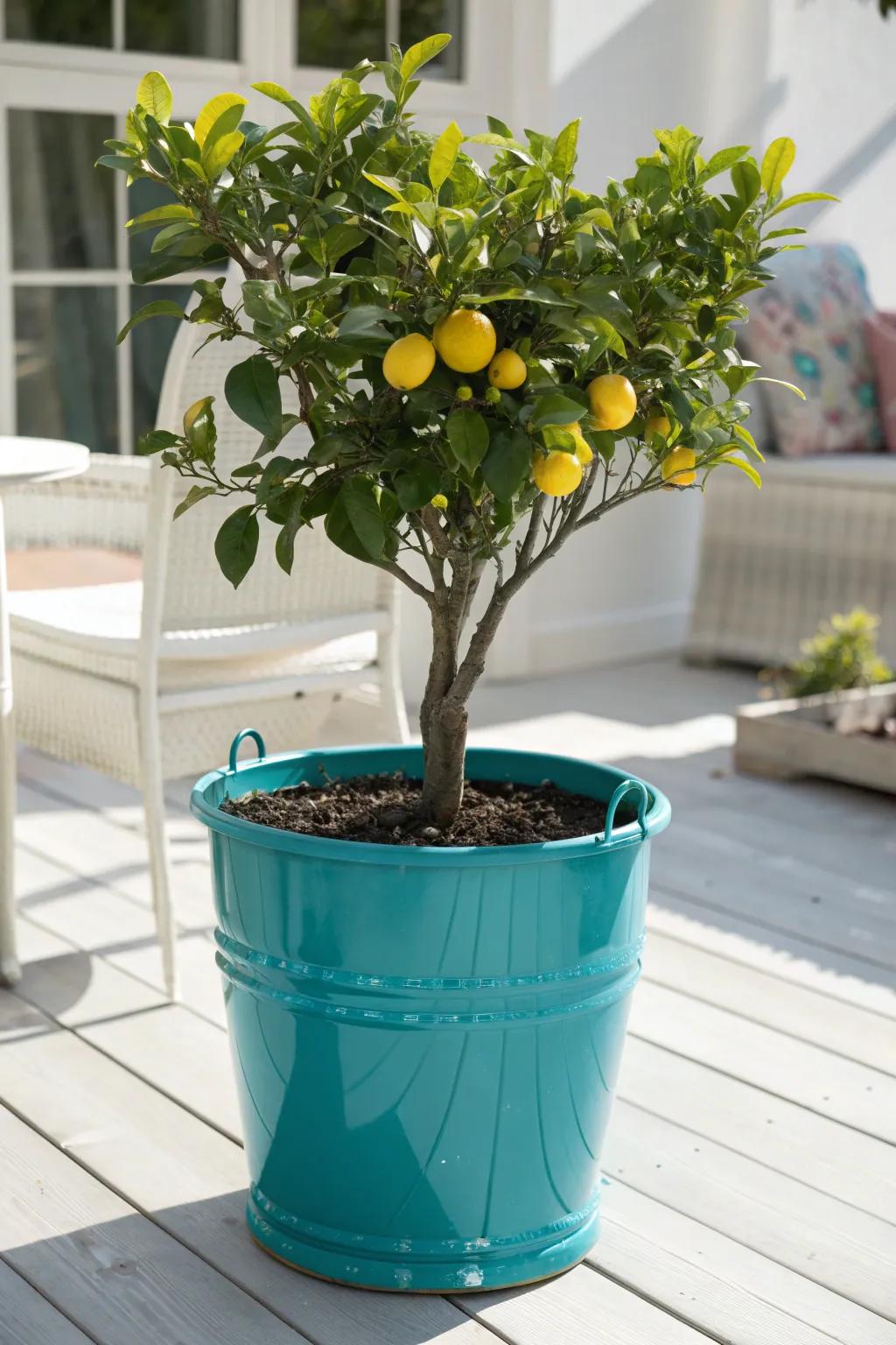 Transform your space with a touch of nature's elegance: Dwarf lemon trees in stylish bucket gardens.