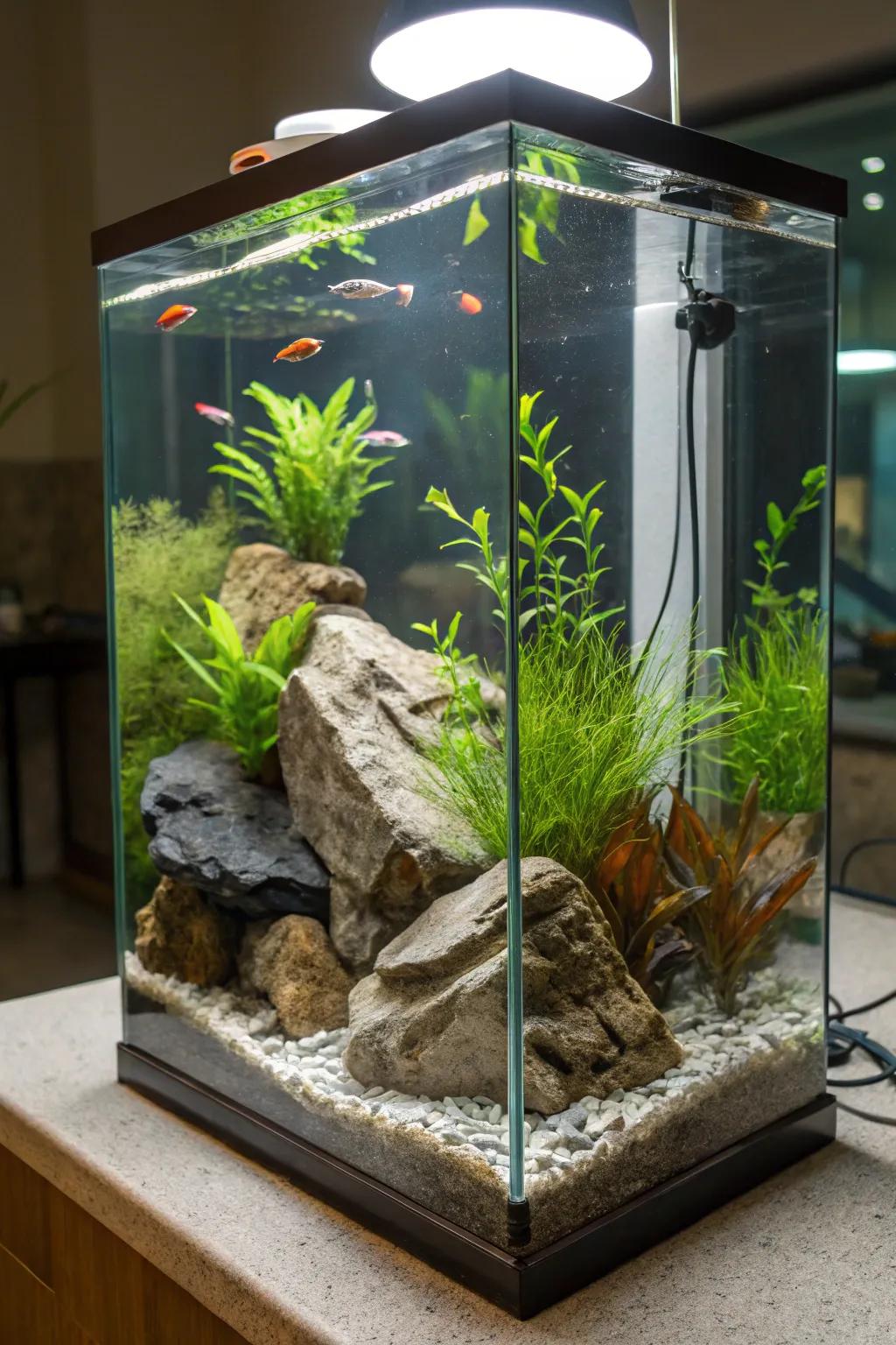 A symmetrical aquarium garden that embodies balance and harmony.