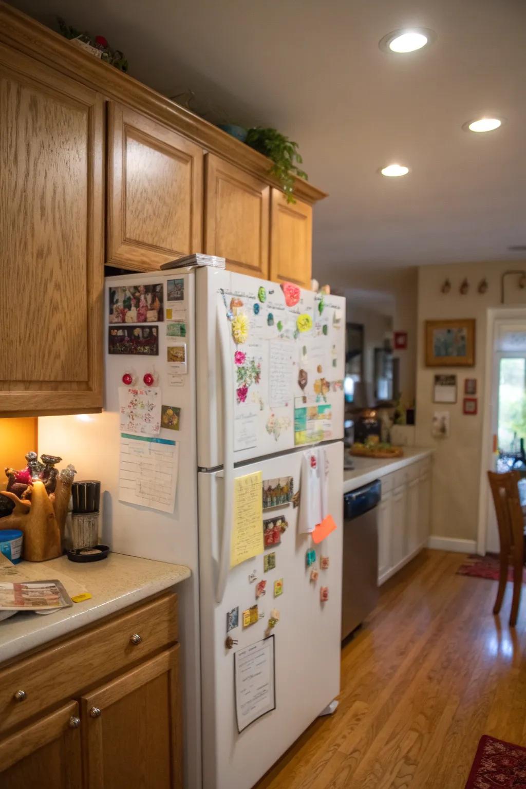 A magnetic board above the fridge for notes and reminders.