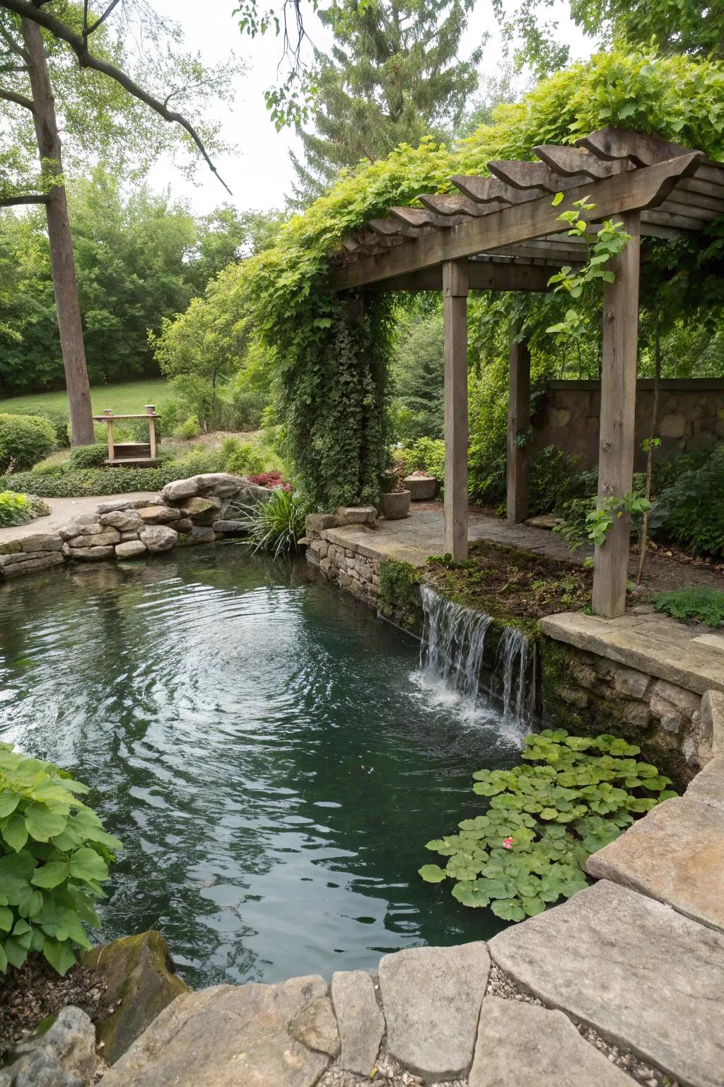 A pergola provides shade and structure to this beautiful pond setting.