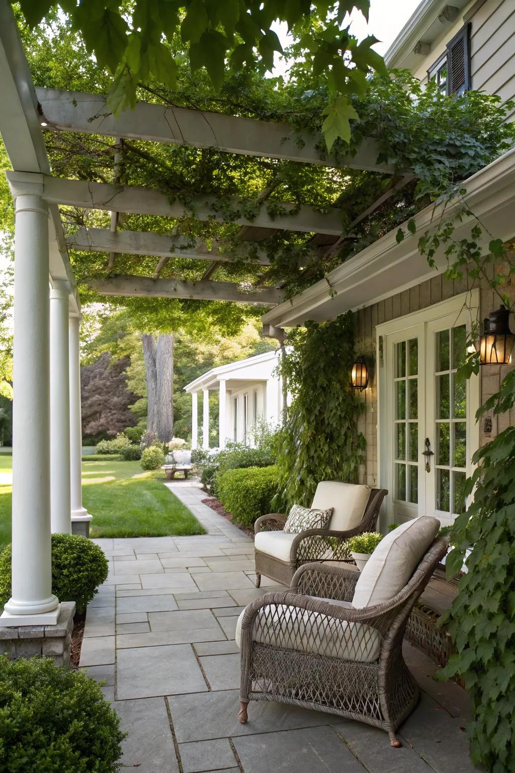 A refined porch featuring a charming pergola.