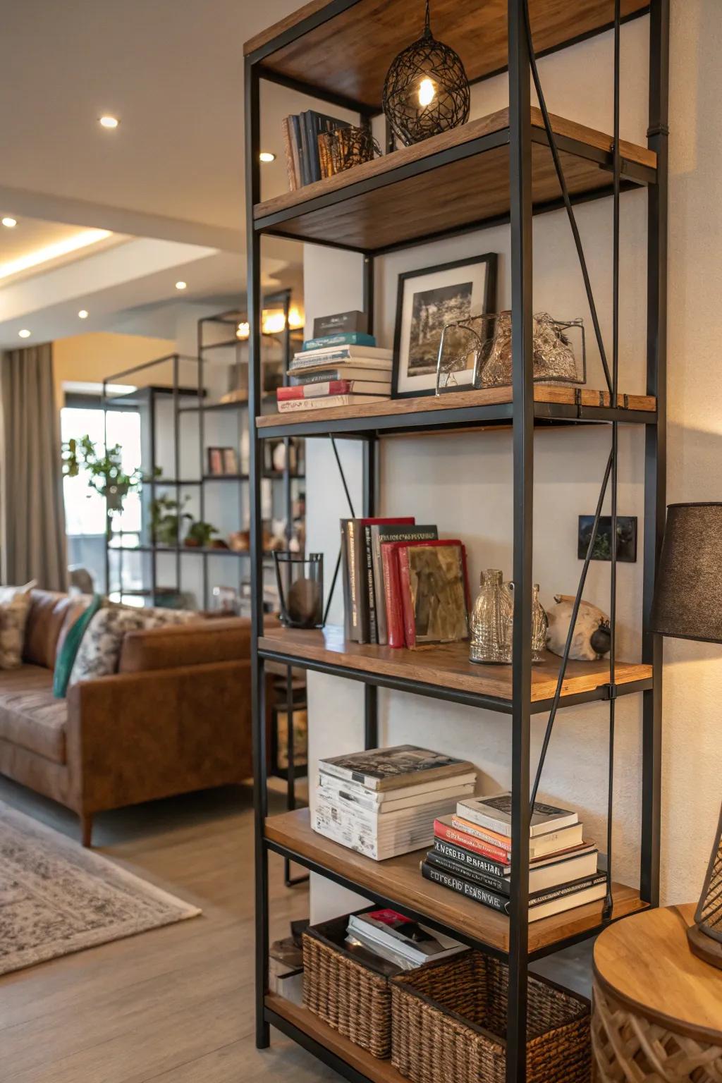 A textured bookshelf featuring a mix of wood, metal, and glass materials.