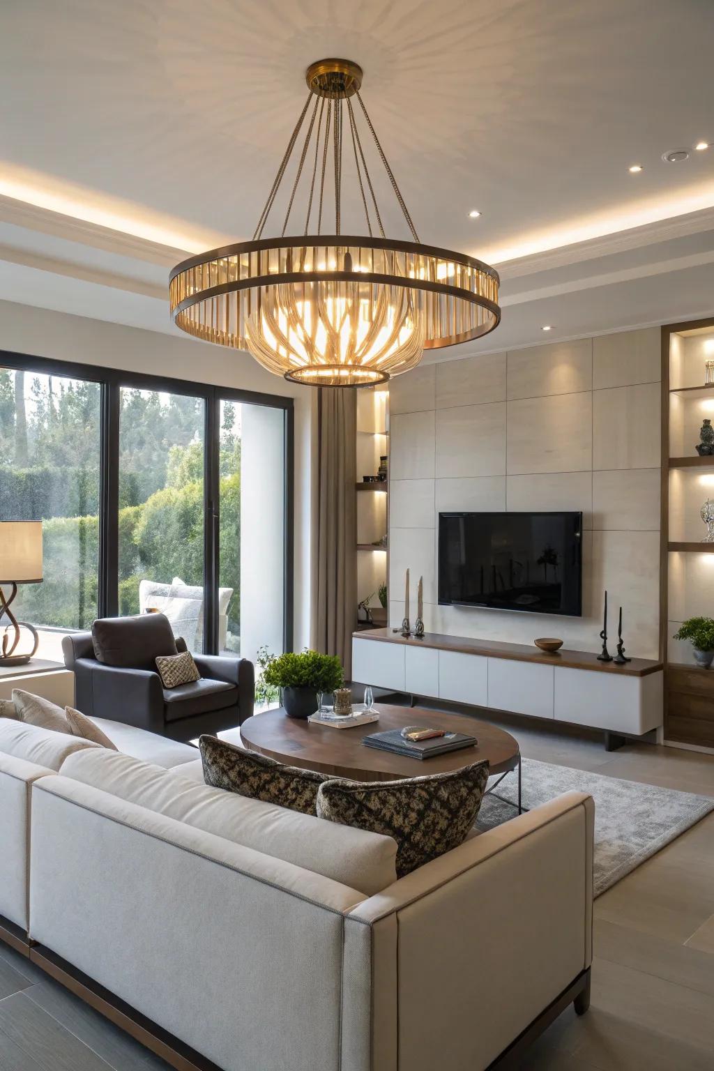 An eye-catching lighting fixture enhances the aesthetic of this modern living room.