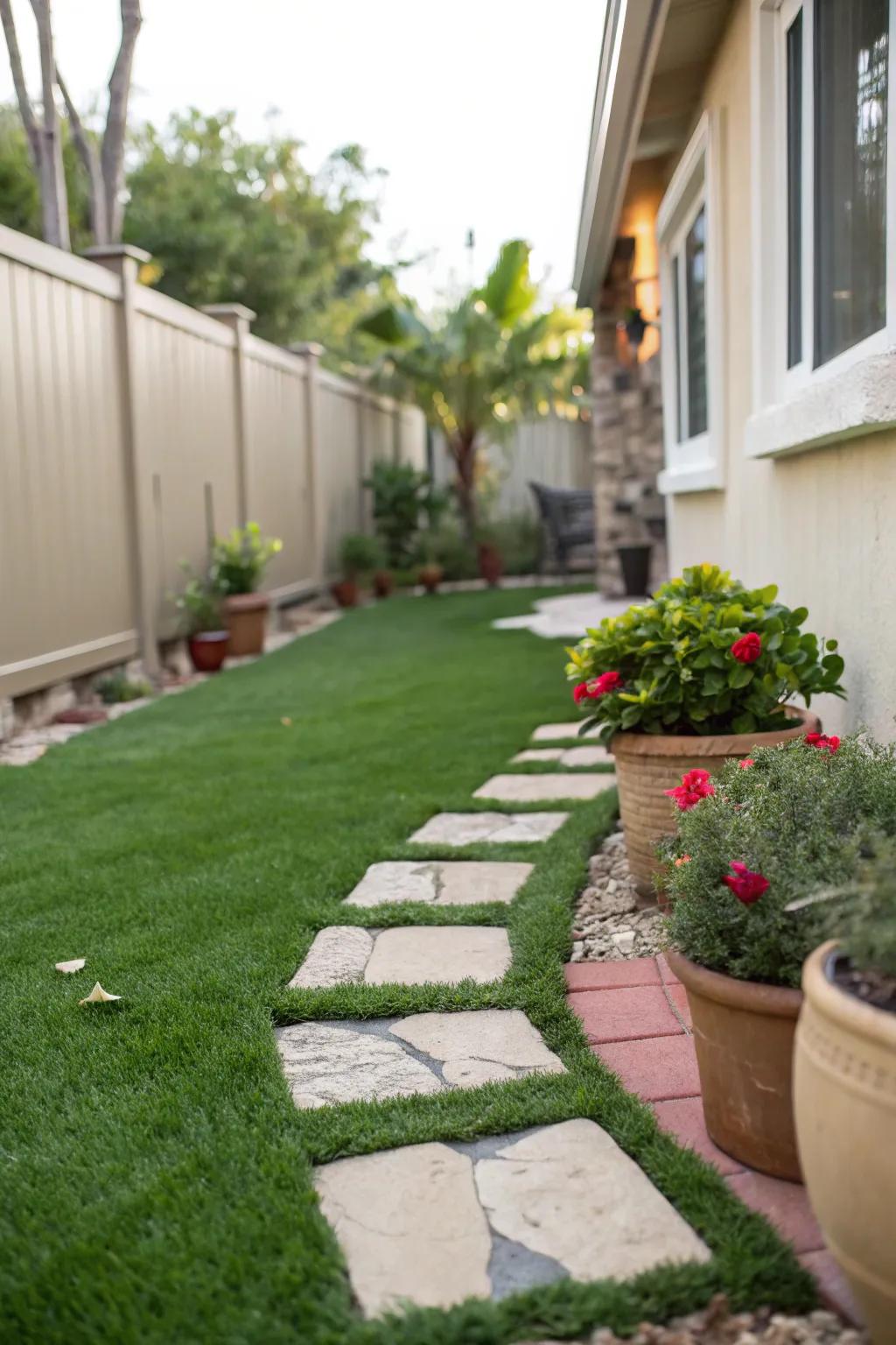 A charming side yard with lush artificial grass.