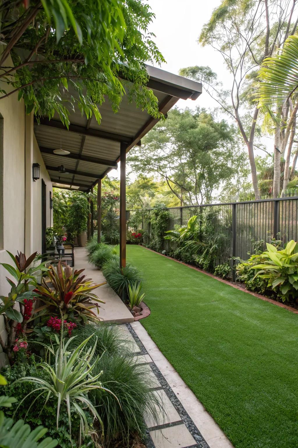 Convert your side garden into a lush escape with synthetic turf.