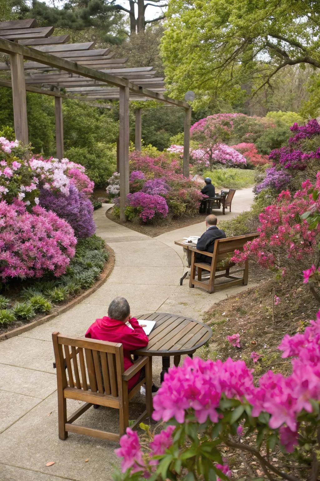 A cozy outdoor nook enhanced with colorful azaleas.