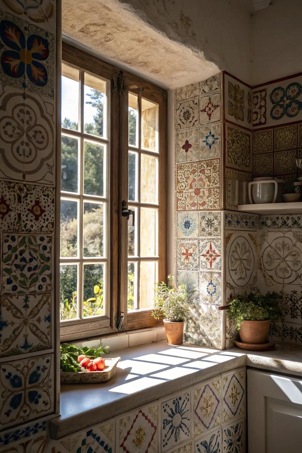 Designed press tiles bringing artistry around a kitchen window.