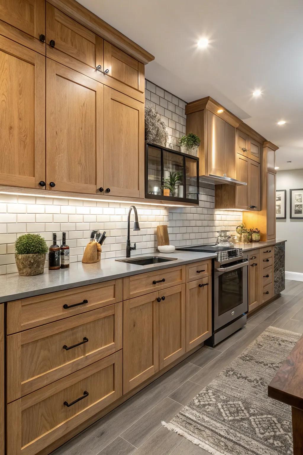 Industrial-style tiles contribute an edgy juxtaposition to maple cabinets.