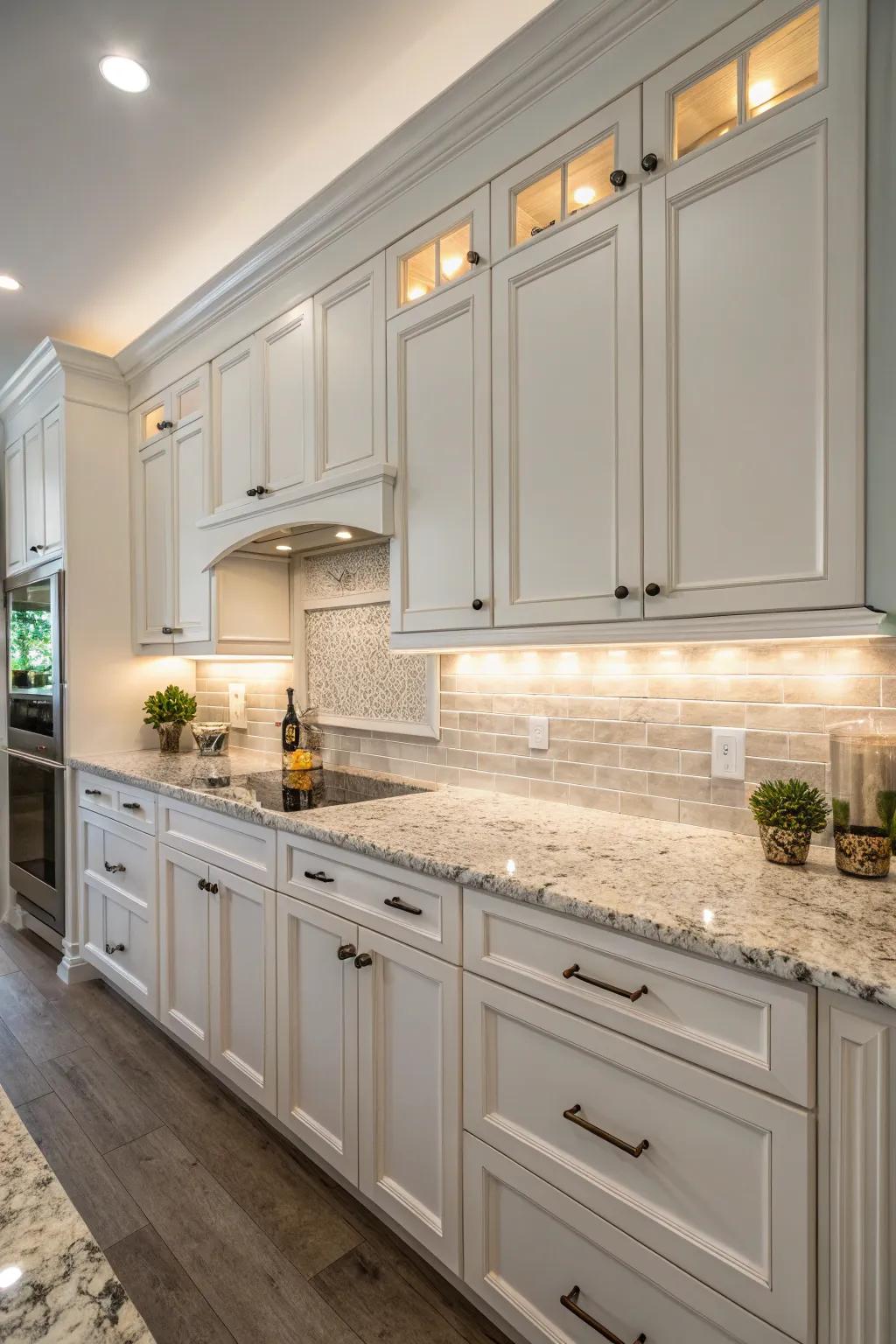Lighting under the cabinets accentuates the beauty of the backsplash.