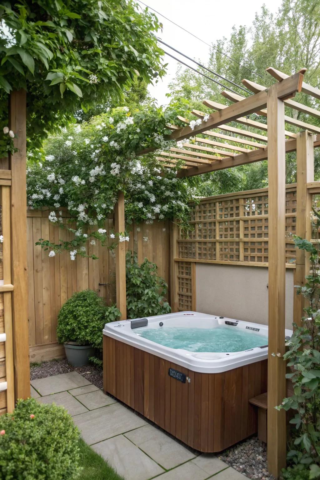 Trellises with climbing plants create a fragrant and private hot tub oasis.