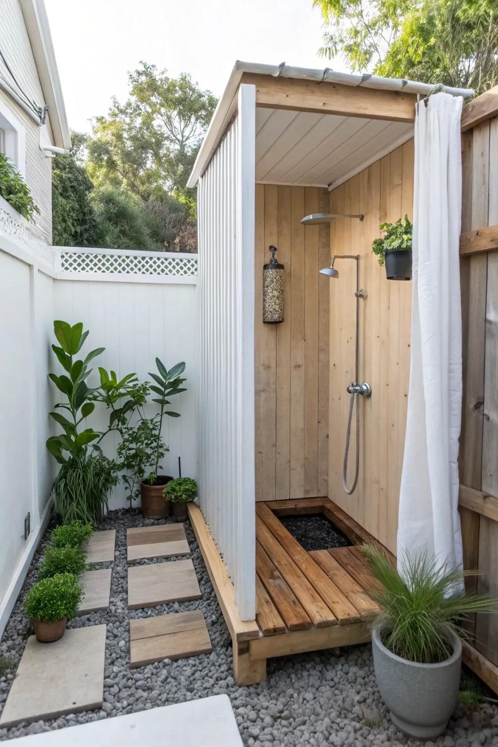 A sophisticated, compact outdoor shower ideal for small areas.