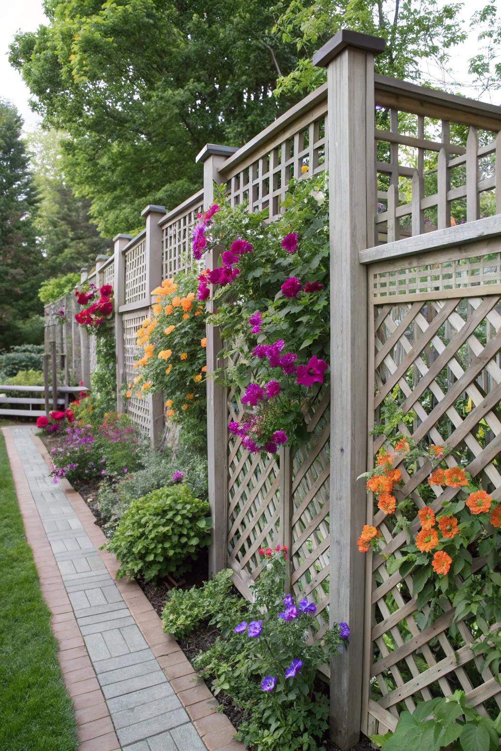 Charming lattice panels embellished with vibrant climbing blossoms.