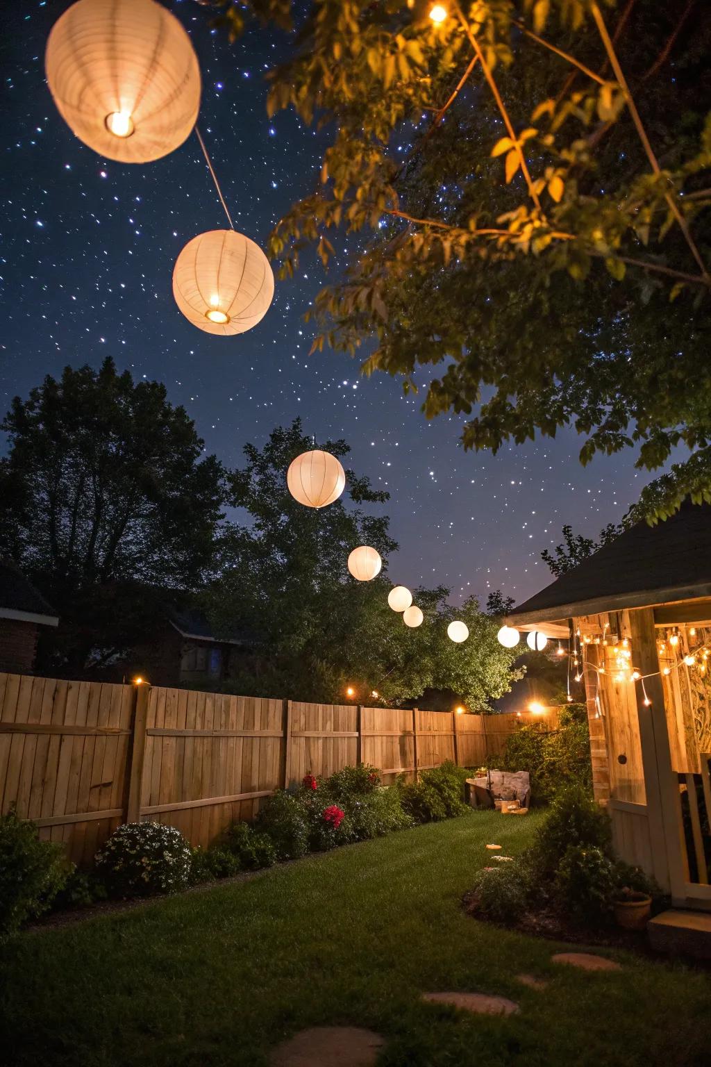A magical moment with paper lanterns ascending into the night sky during a proposal.