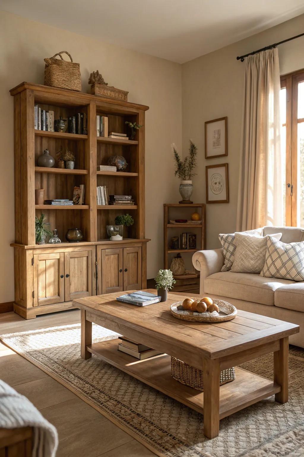 Wood elements impart warmth and charm.