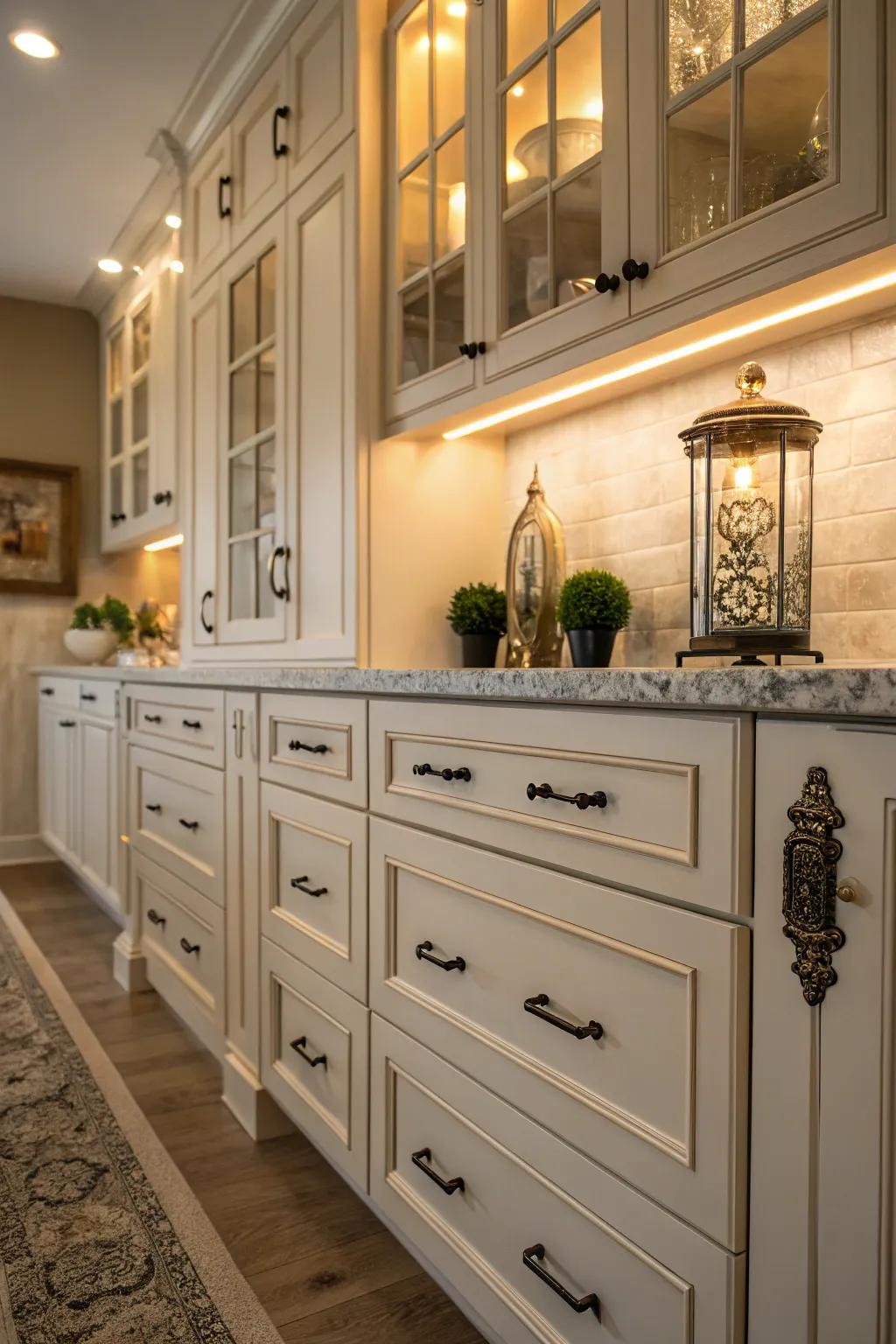 Detailed pulls bring an artistic flair to shaker cabinets.