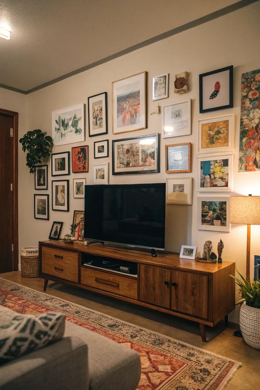 A gallery wall makes the TV part of the decor.
