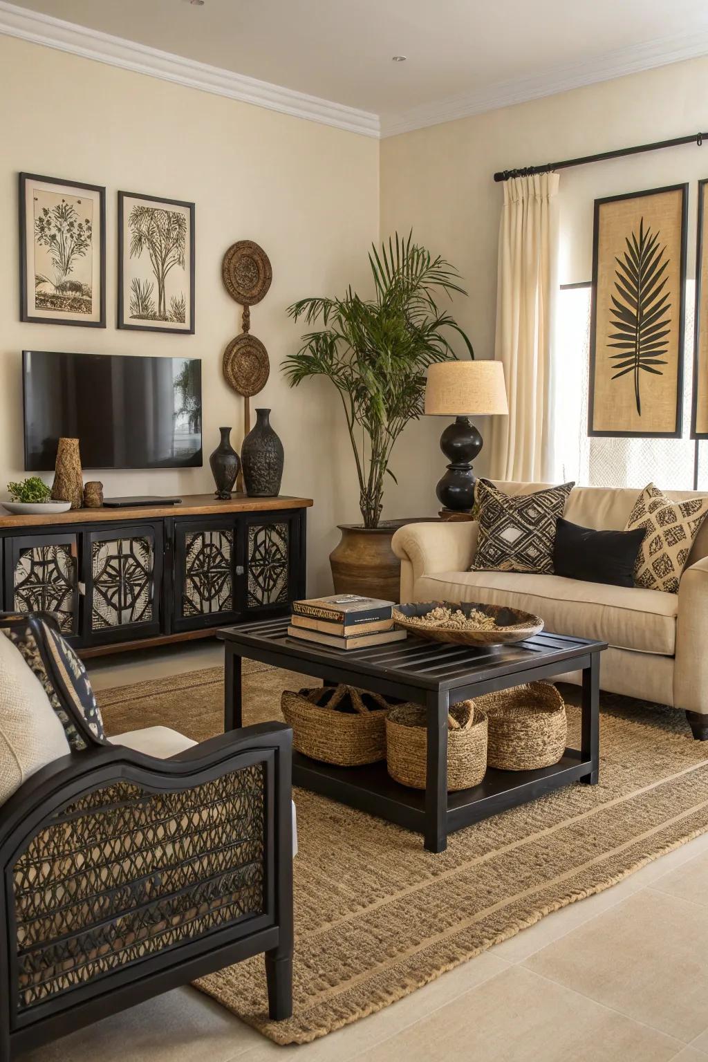 Black vases and sculptures add dynamic style to this space.