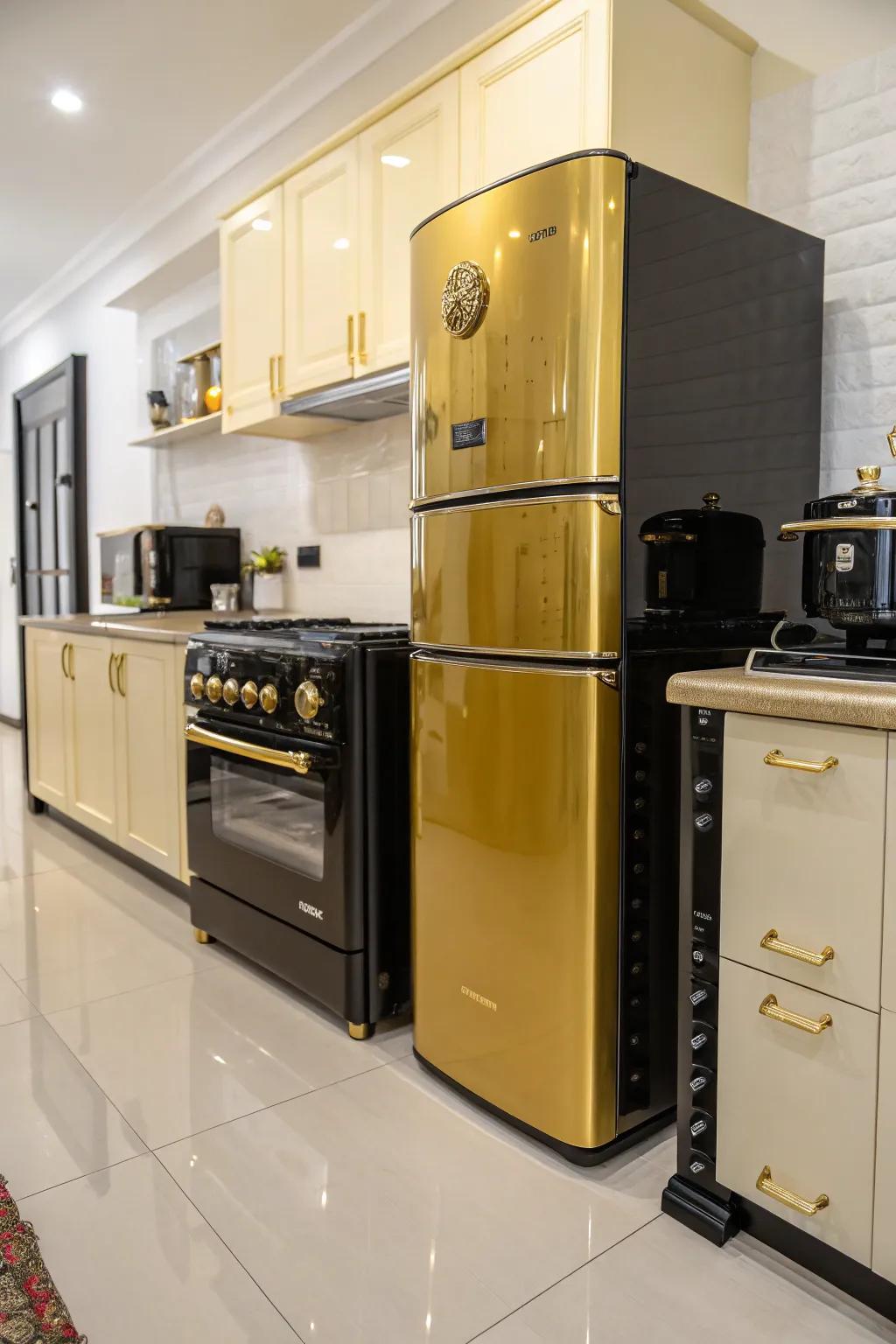 Gold and black appliances add luxury and functionality.