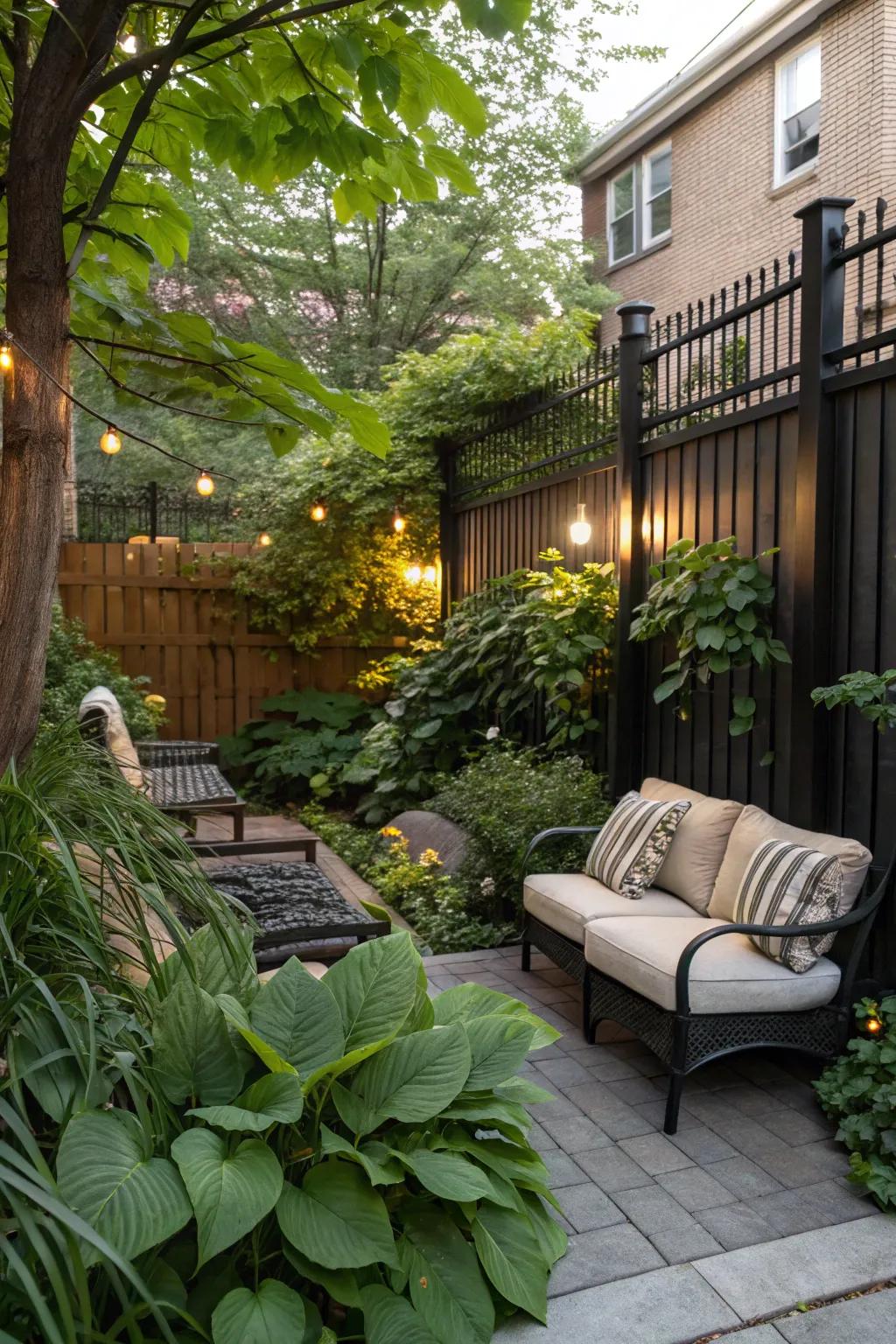A cozy garden corner defined by a black fence and lush greenery.