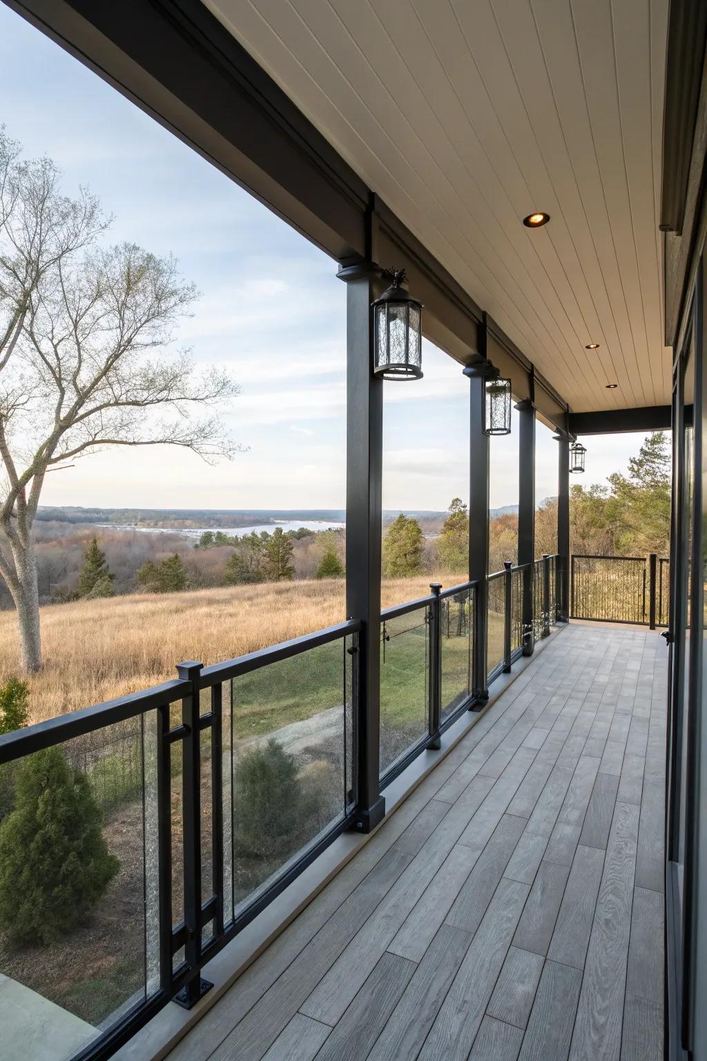 Glass panels with black railings offer clear views and modern style.