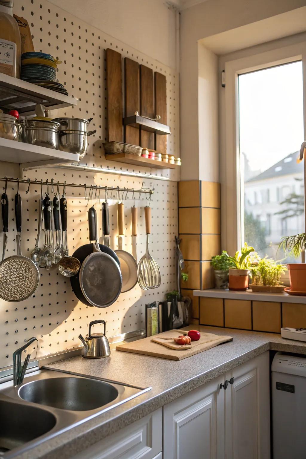 A pegboard keeps kitchen tools handy and organized.